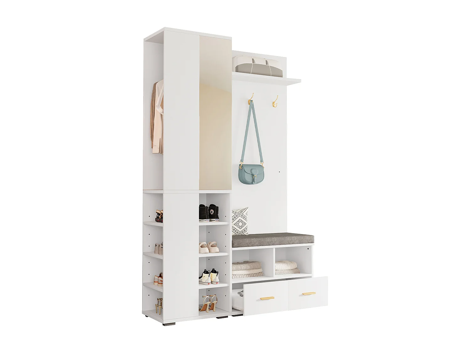 Armadio bianco con specchio, asta appendiabiti, panca e 2 cassetti 120x35x190 cm