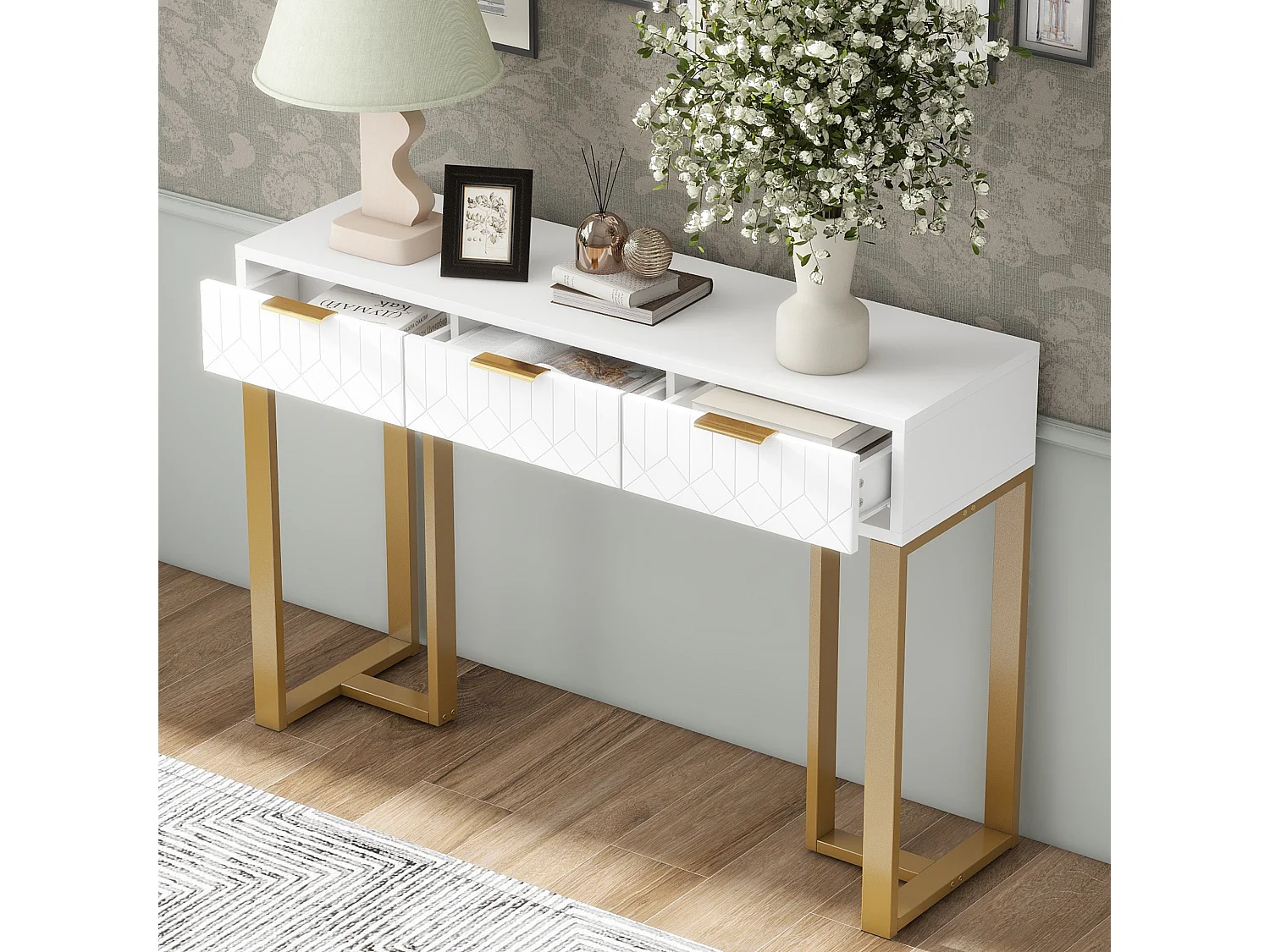 Console moderne avec 2 tiroirs, structure métal dorée - Blanc + or