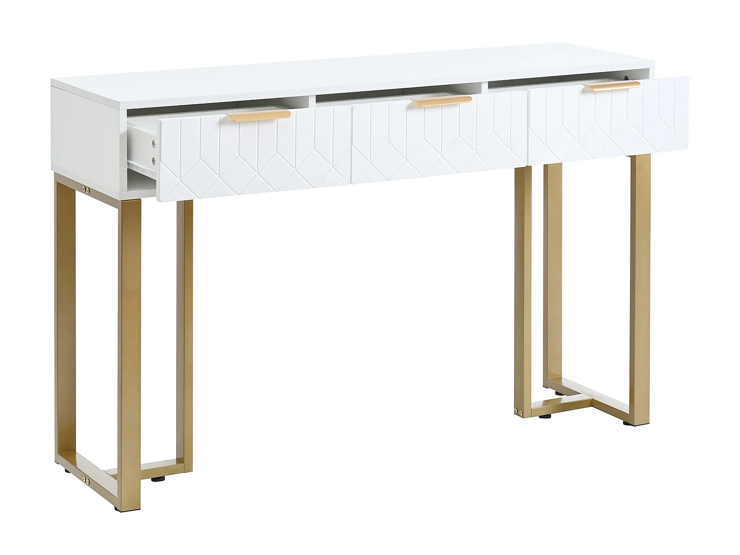 Console moderne avec 2 tiroirs, structure métal dorée - Blanc + or