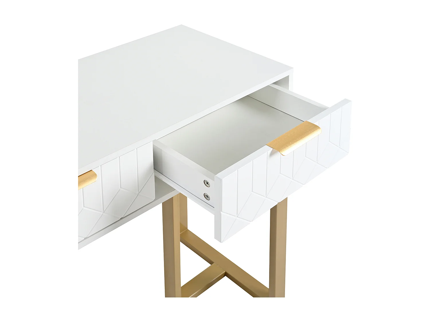 Console moderne avec 2 tiroirs, structure métal dorée - Blanc + or