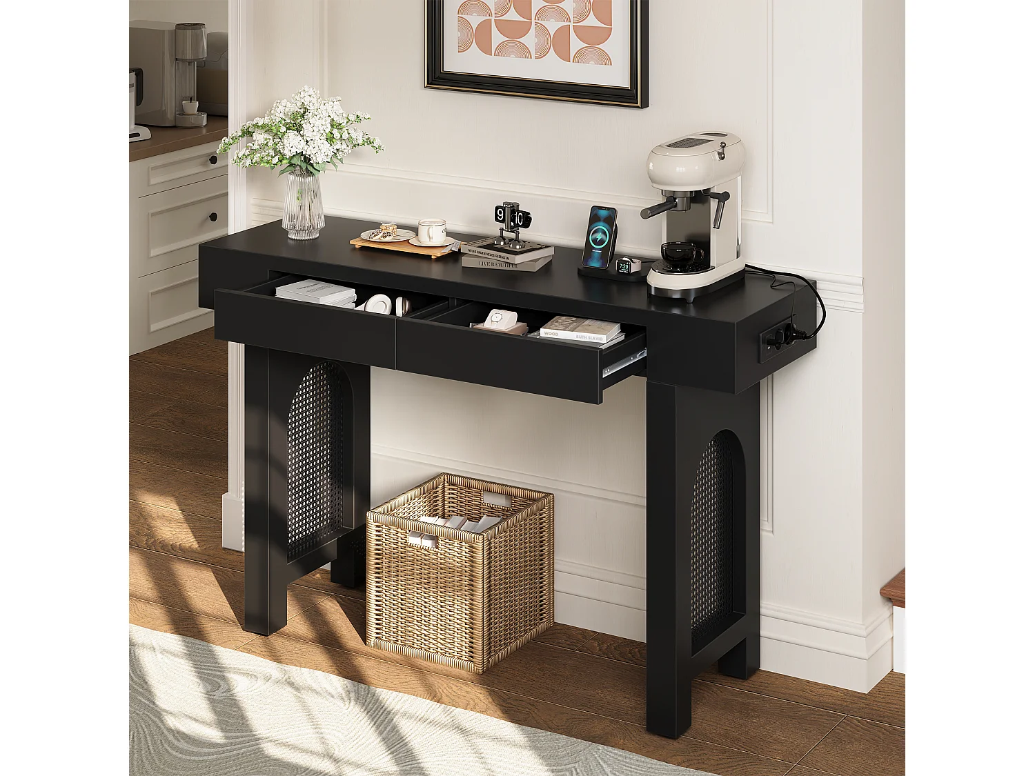 Table console d'entrée avec 2 tiroirs et ports USB/Type-C - Noir