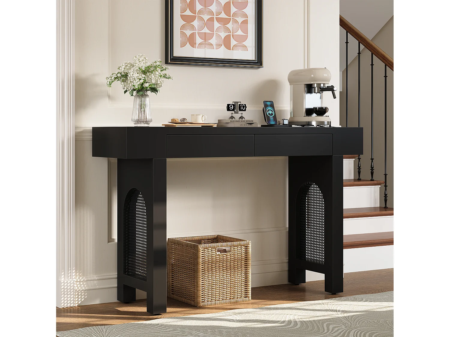 Table console d'entrée avec 2 tiroirs et ports USB/Type-C - Noir