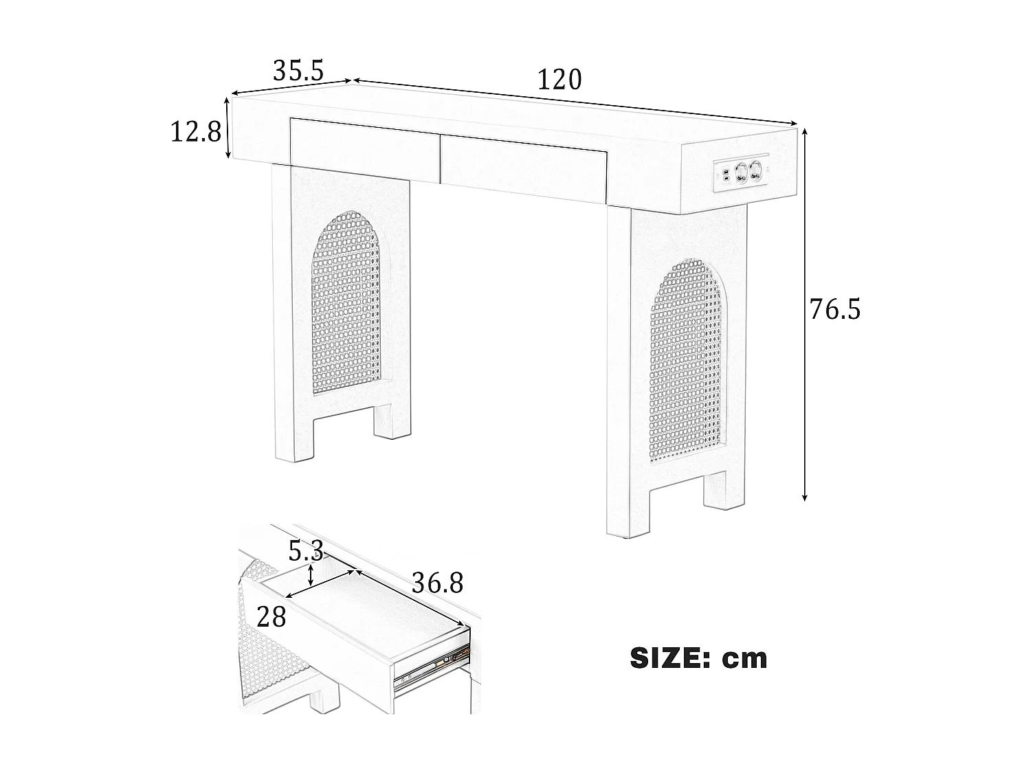 Table console d'entrée avec 2 tiroirs et ports USB/Type-C - Noir