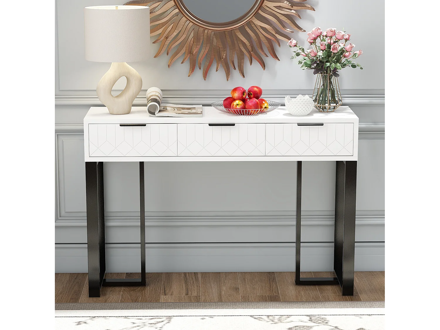 Console moderne avec 2 tiroirs, structure métal noir - Blanc + noir