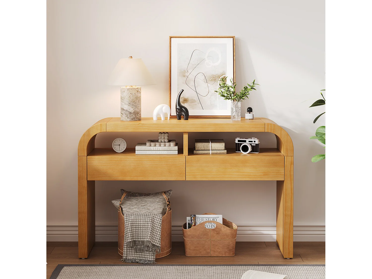 Houten consoletafel, 120 x 35,5 x 76,5 cm, met 2 lades en 2 planken.