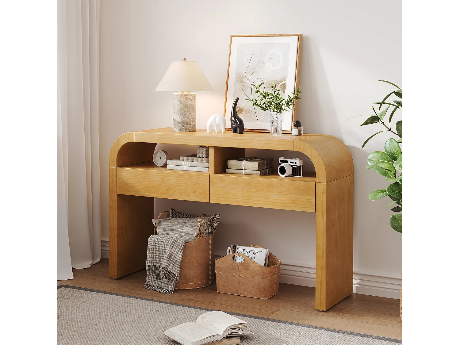 Houten consoletafel, 120 x 35,5 x 76,5 cm, met 2 lades en 2 planken.