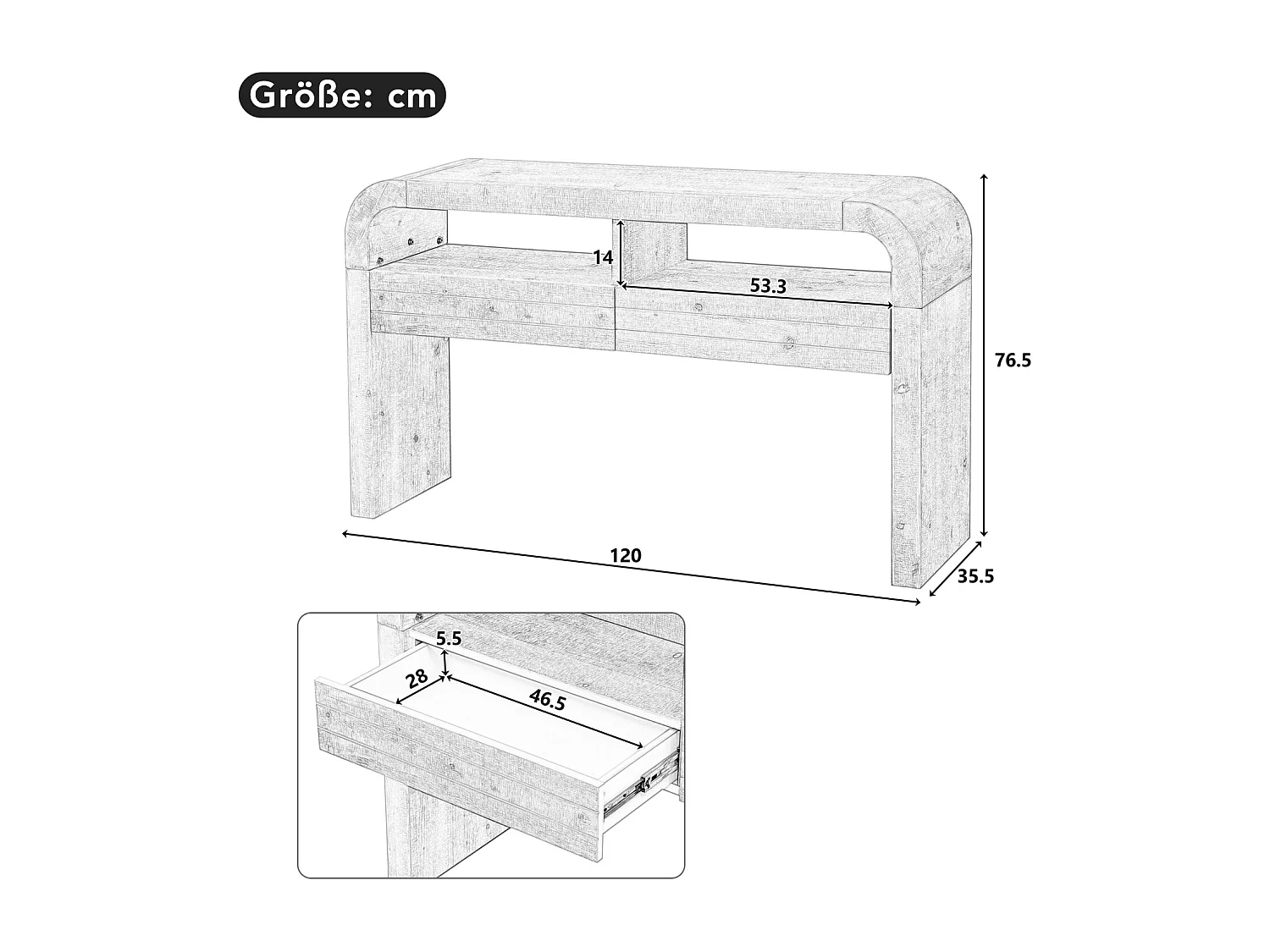 Houten consoletafel, 120 x 35,5 x 76,5 cm, met 2 lades en 2 planken.