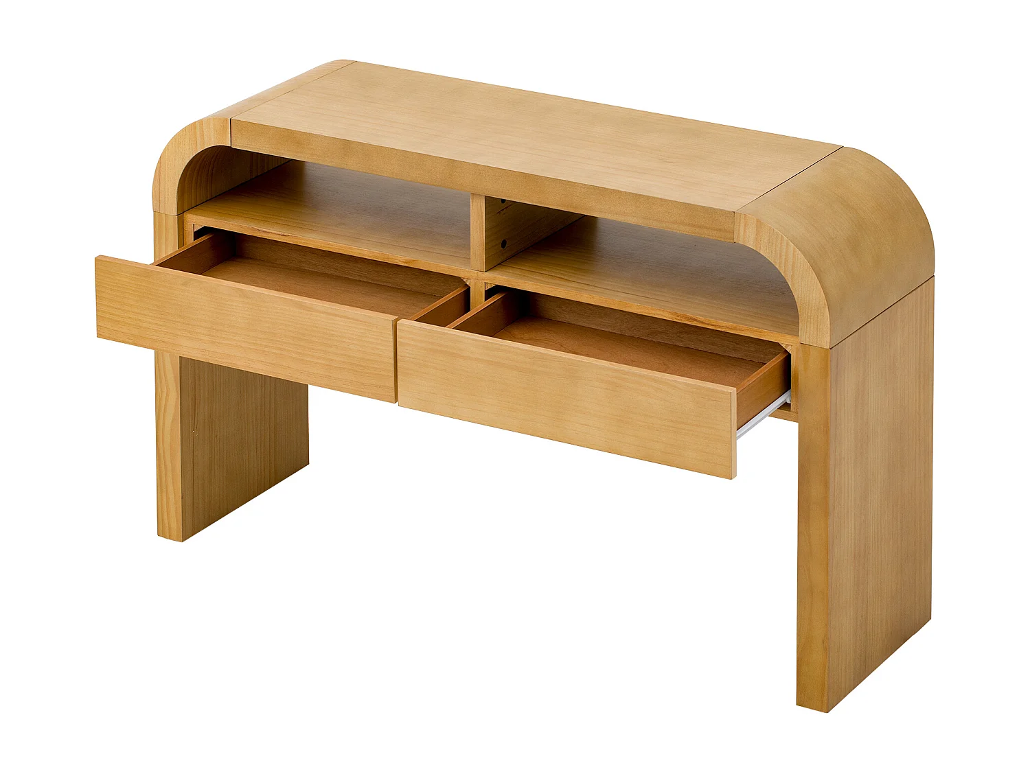 Houten consoletafel, 120 x 35,5 x 76,5 cm, met 2 lades en 2 planken.