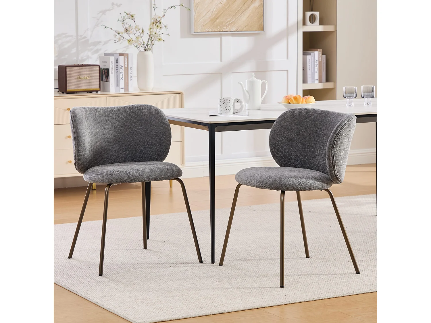 Lot de 2 chaises de salle à manger en chenille gris- Pieds métal bronze