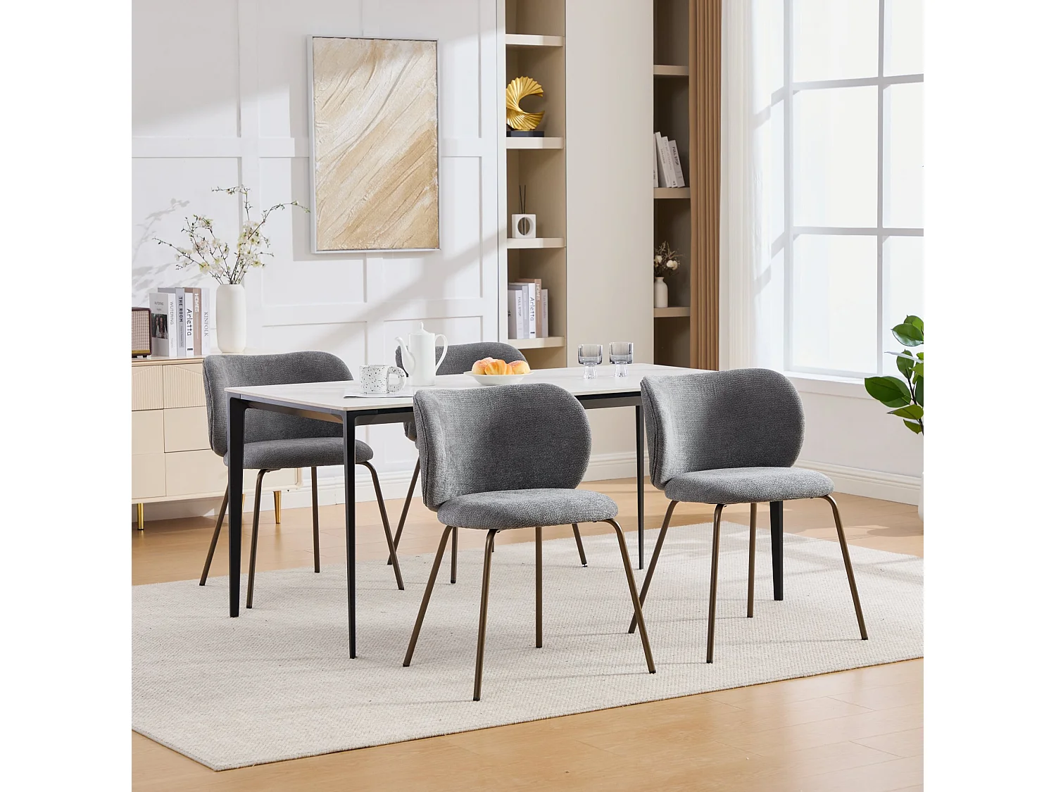 Lot de 2 chaises de salle à manger en chenille gris- Pieds métal bronze