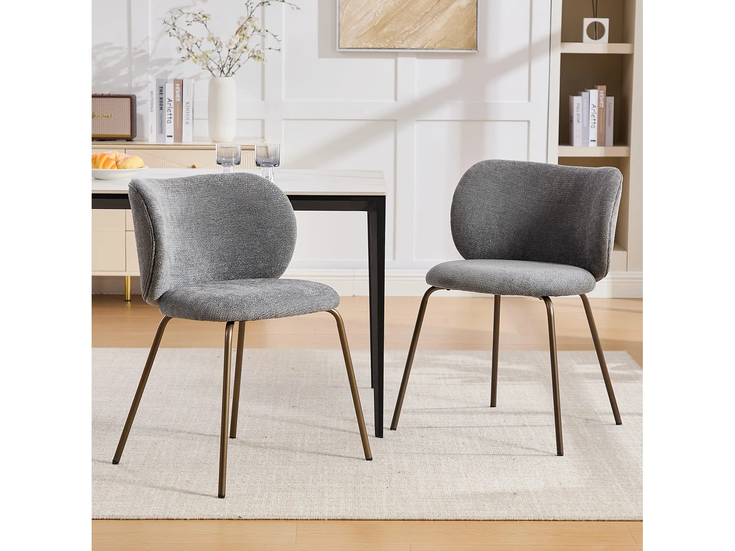 Lot de 2 chaises de salle à manger en chenille gris- Pieds métal bronze