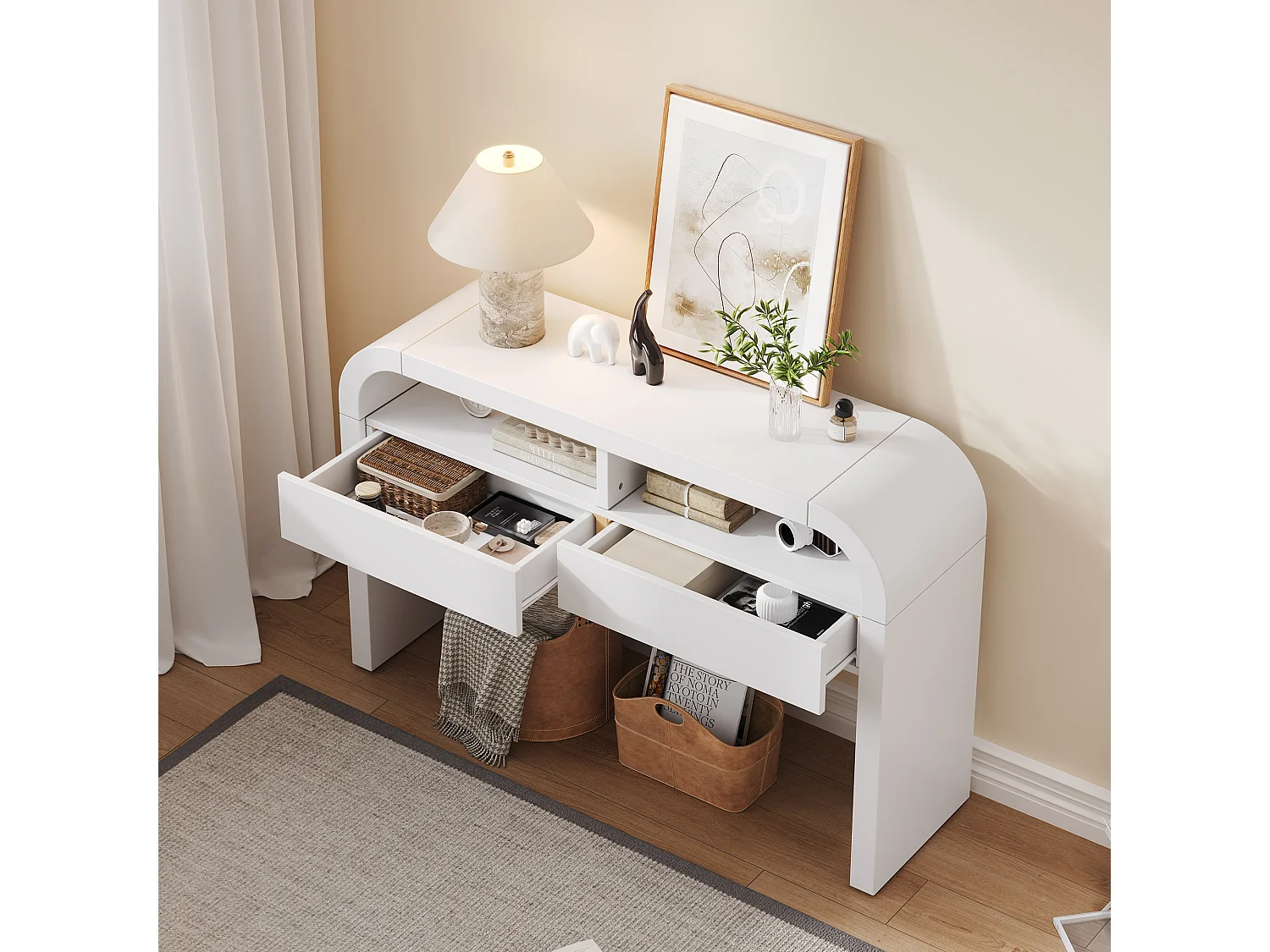 Console blanche 120 x 35,5 x 76,5 cm avec 2 tiroirs et 2 niches