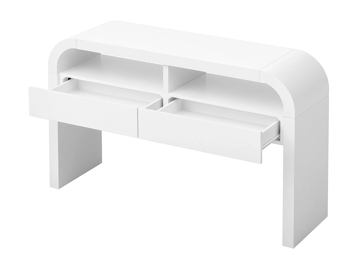 Console blanche 120 x 35,5 x 76,5 cm avec 2 tiroirs et 2 niches