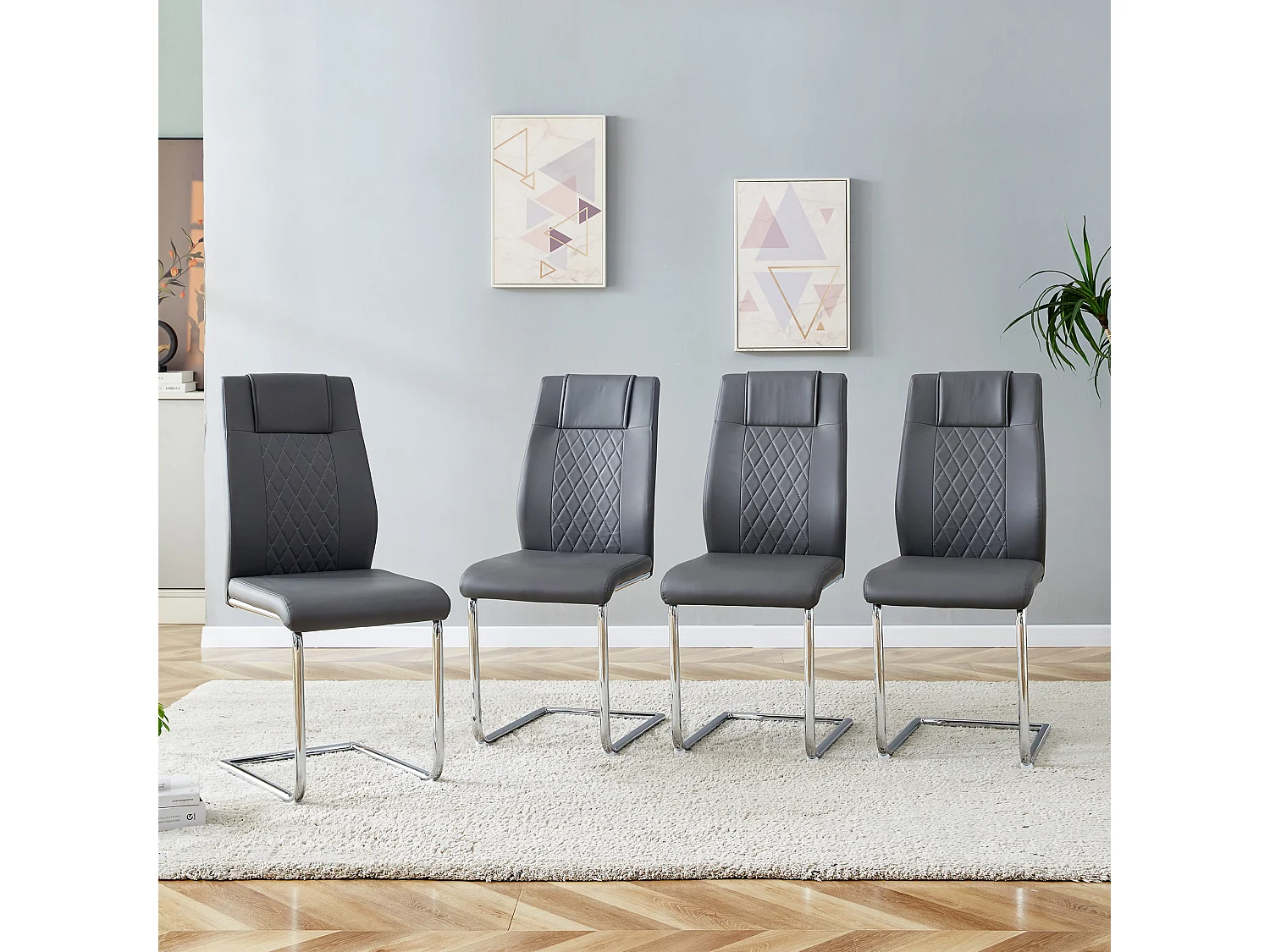 Lot de 4 chaises en simili cuir PU gris foncé - Pieds métal argenté antidérapants