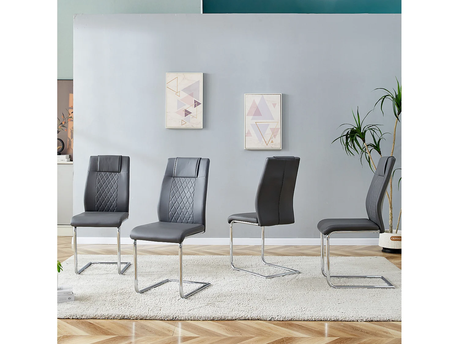 Lot de 4 chaises en simili cuir PU gris foncé - Pieds métal argenté antidérapants