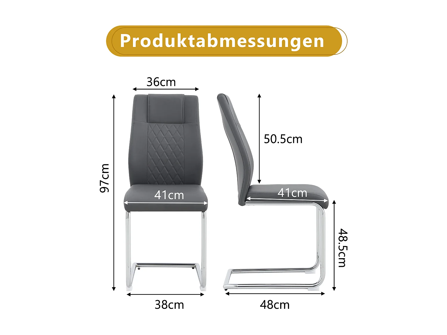 Lot de 4 chaises en simili cuir PU gris foncé - Pieds métal argenté antidérapants