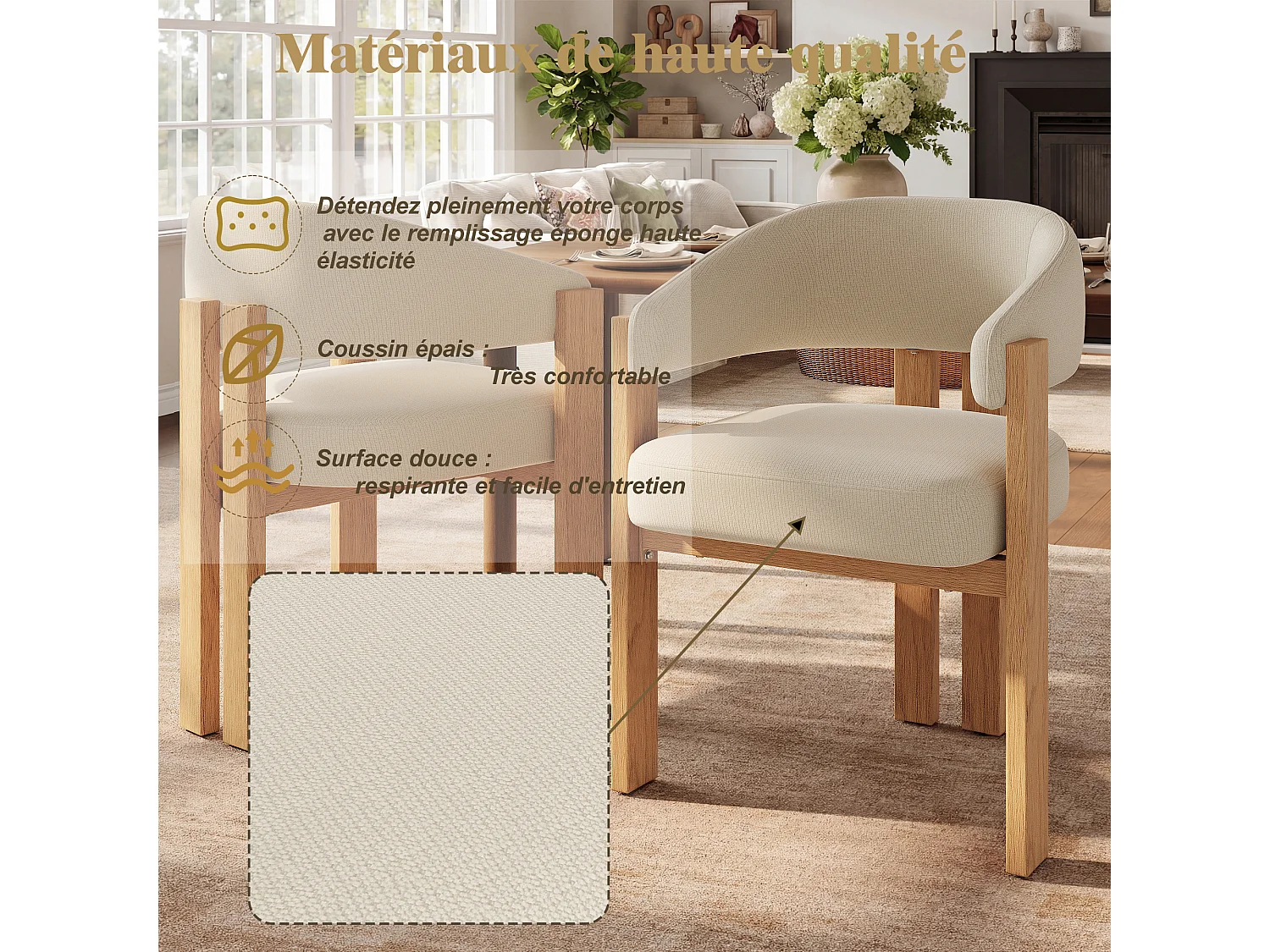 Set van 4 stoffen eetkamerstoelen met metalen poten - Beige