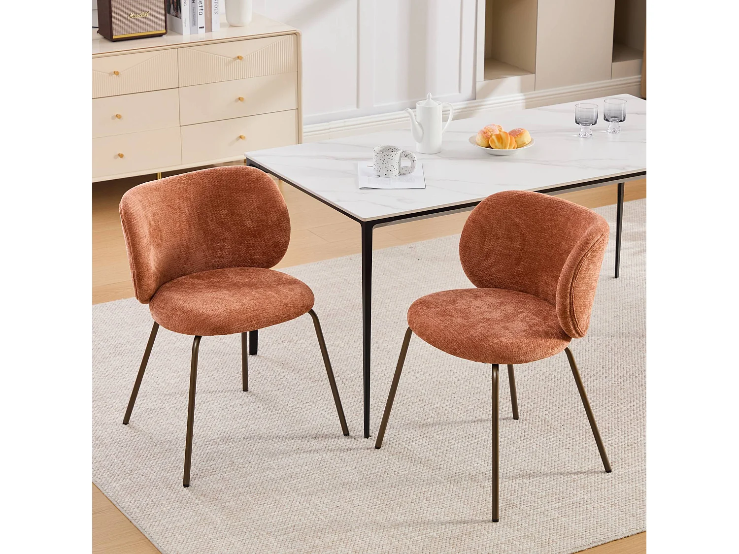 Lot de 2 chaises de salle à manger en chenille - Pieds métal bronze - Couleur orange