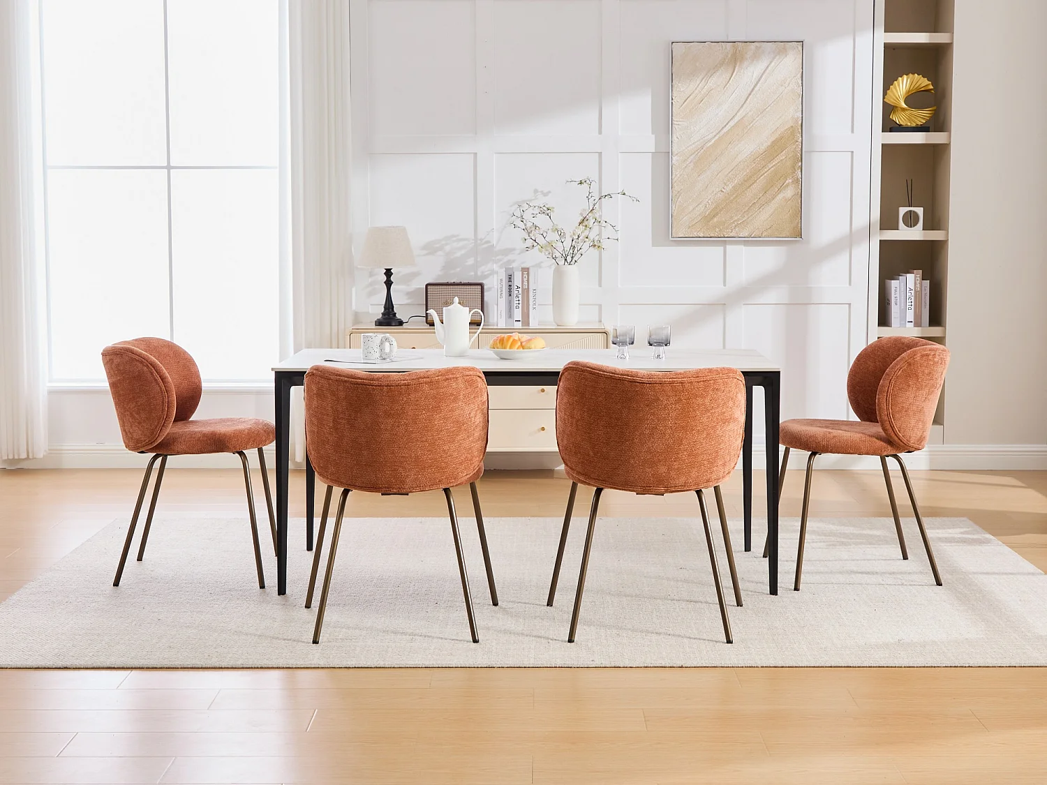 Lot de 2 chaises de salle à manger en chenille - Pieds métal bronze - Couleur orange