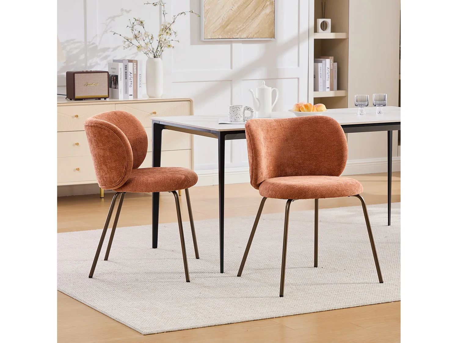 Lot de 2 chaises de salle à manger en chenille - Pieds métal bronze - Couleur orange