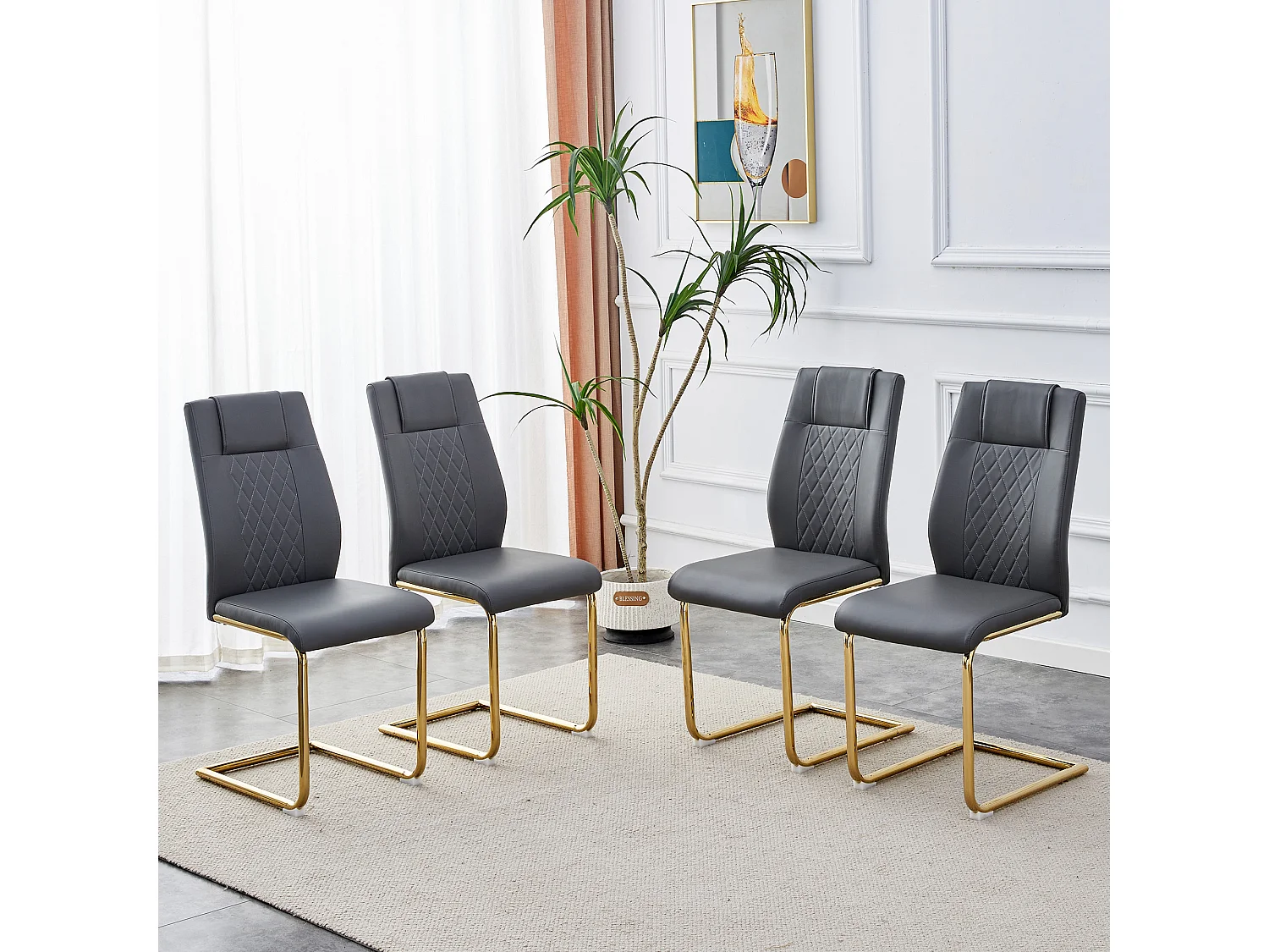 Lot de 4 chaises en simili cuir PU gris foncé - Pieds métal dorés antidérapants