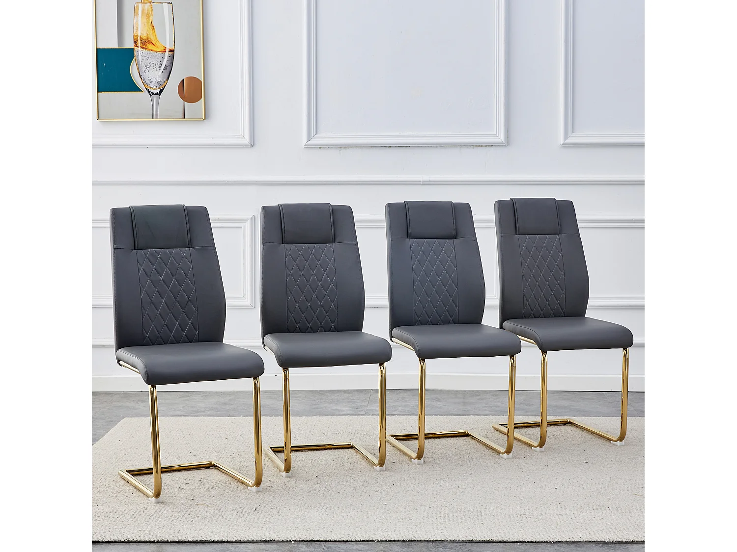 Lot de 4 chaises en simili cuir PU gris foncé - Pieds métal dorés antidérapants