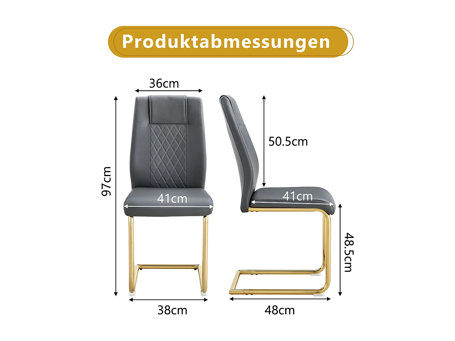 Lot de 4 chaises en simili cuir PU gris foncé - Pieds métal dorés antidérapants