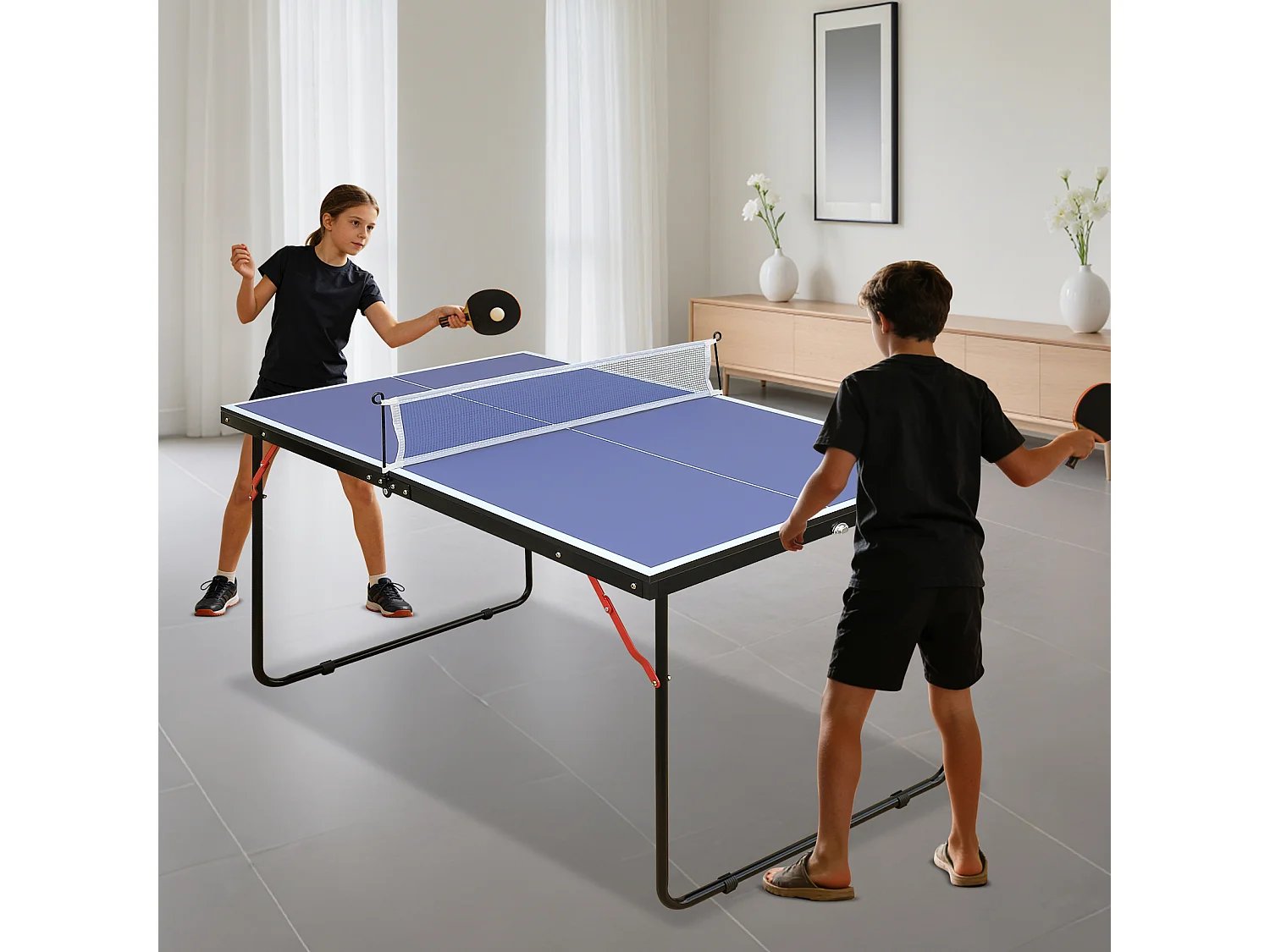 Table de ping-pong pliable avec 2 raquettes et 3 balles - Bois MDF bleu 137,2 x 76,2 x 66 cm