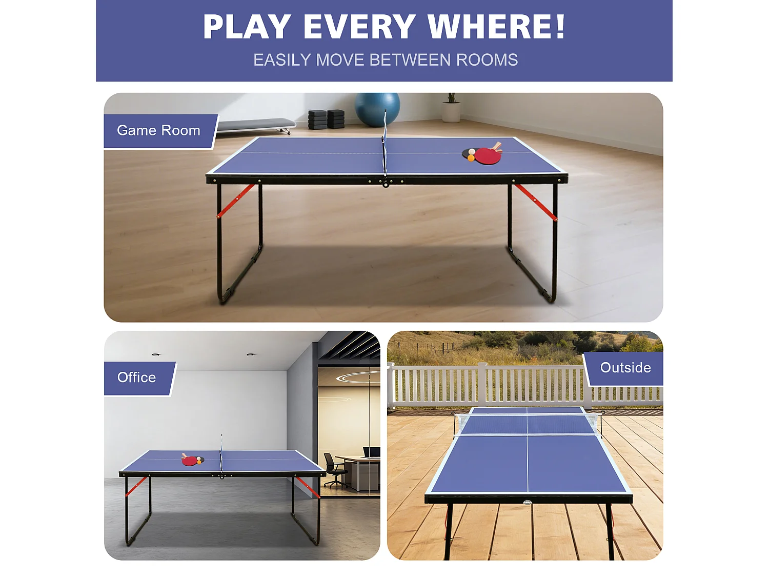 Table de ping-pong pliable avec 2 raquettes et 3 balles - Bois MDF bleu 137,2 x 76,2 x 66 cm