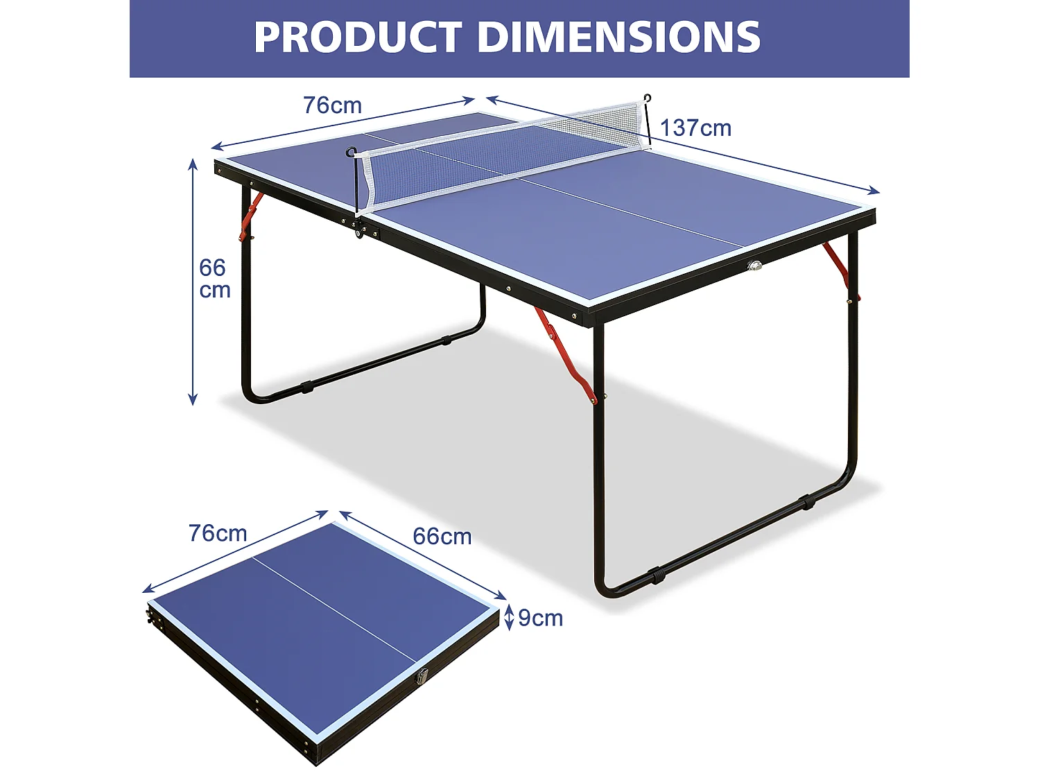 Table de ping-pong pliable avec 2 raquettes et 3 balles - Bois MDF bleu 137,2 x 76,2 x 66 cm