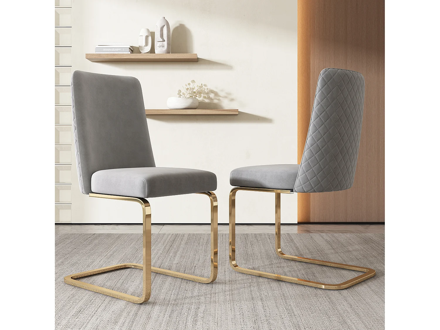 Lot de 4 chaises en velours gris - Pieds en métal doré - Dossier à motif losanges