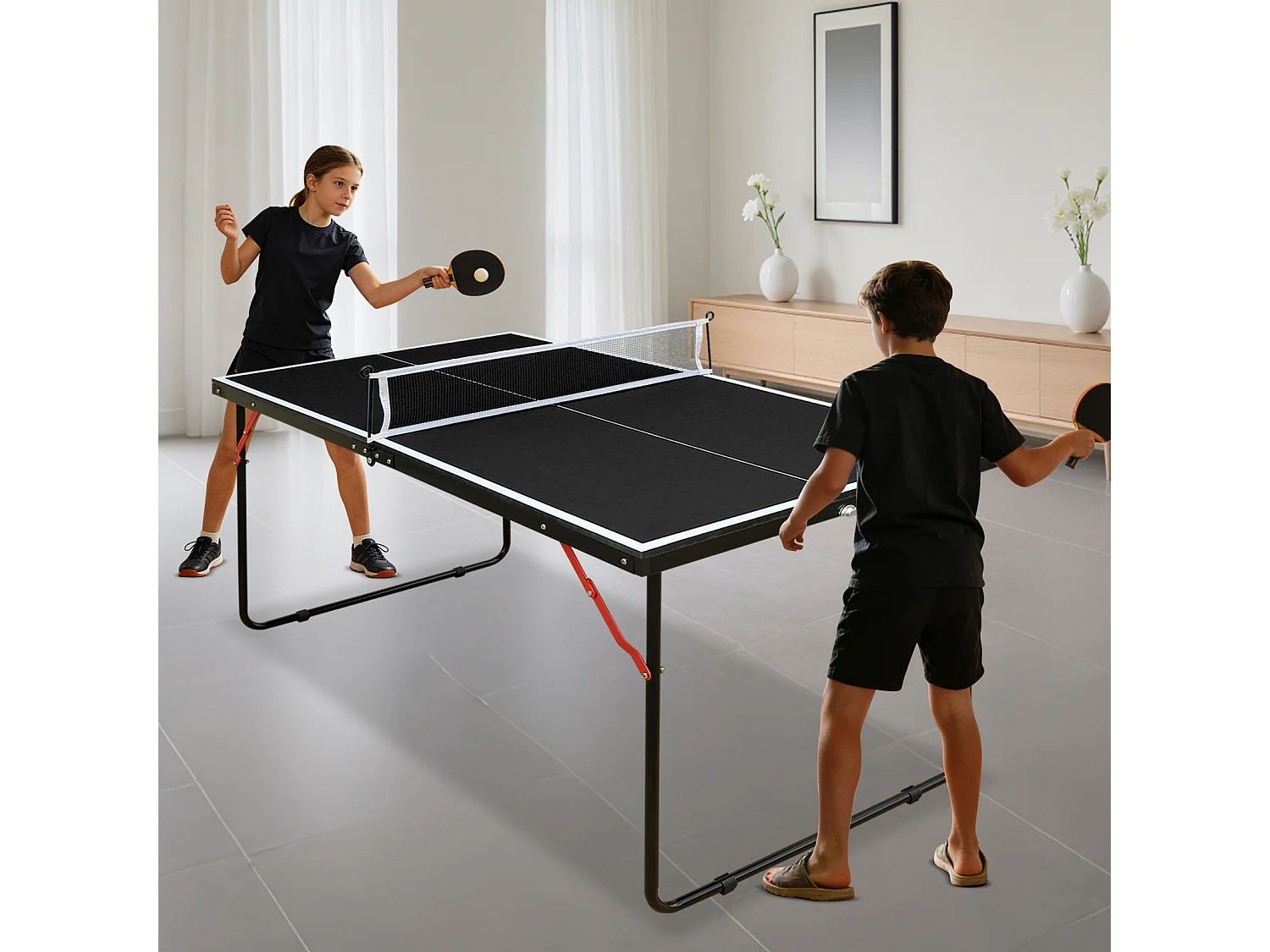 Table de ping-pong pliable avec 2 raquettes et 3 balles - Bois MDF noir 137,2 x 76,2 x 66 cm
