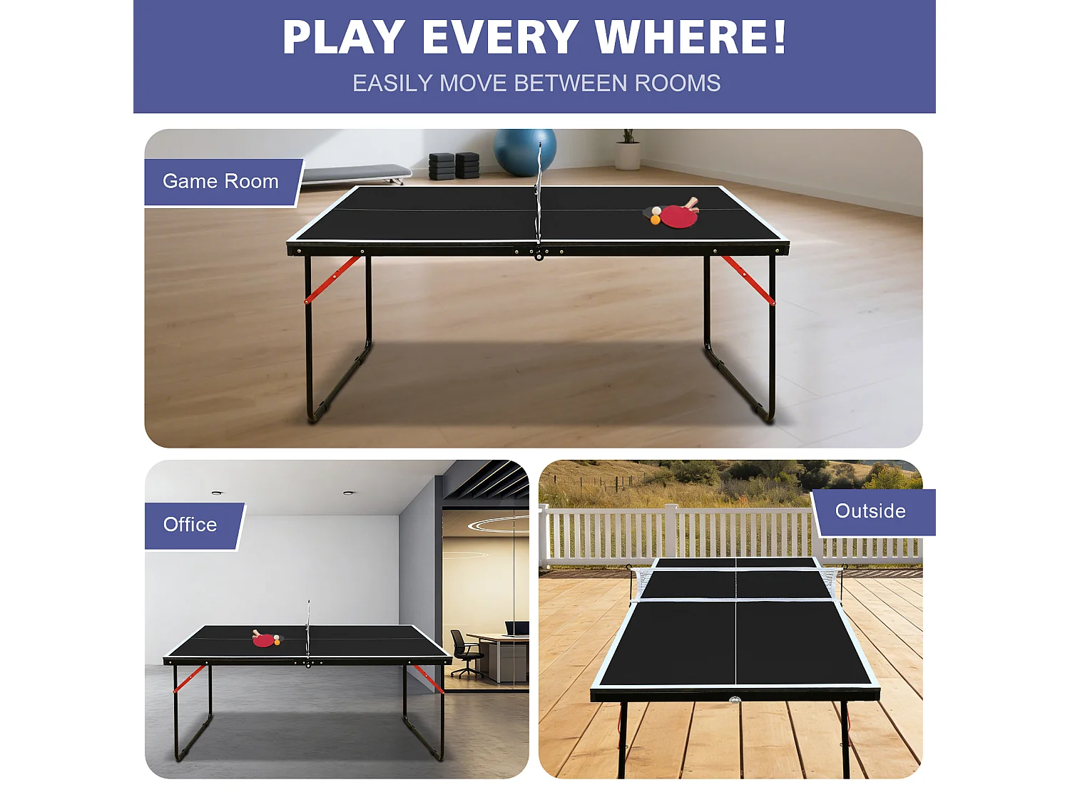 Table de ping-pong pliable avec 2 raquettes et 3 balles - Bois MDF noir 137,2 x 76,2 x 66 cm