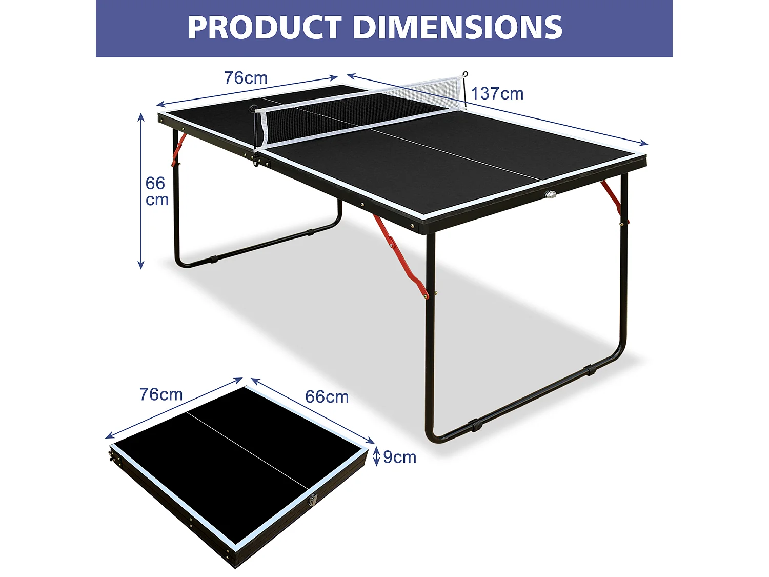 Table de ping-pong pliable avec 2 raquettes et 3 balles - Bois MDF noir 137,2 x 76,2 x 66 cm