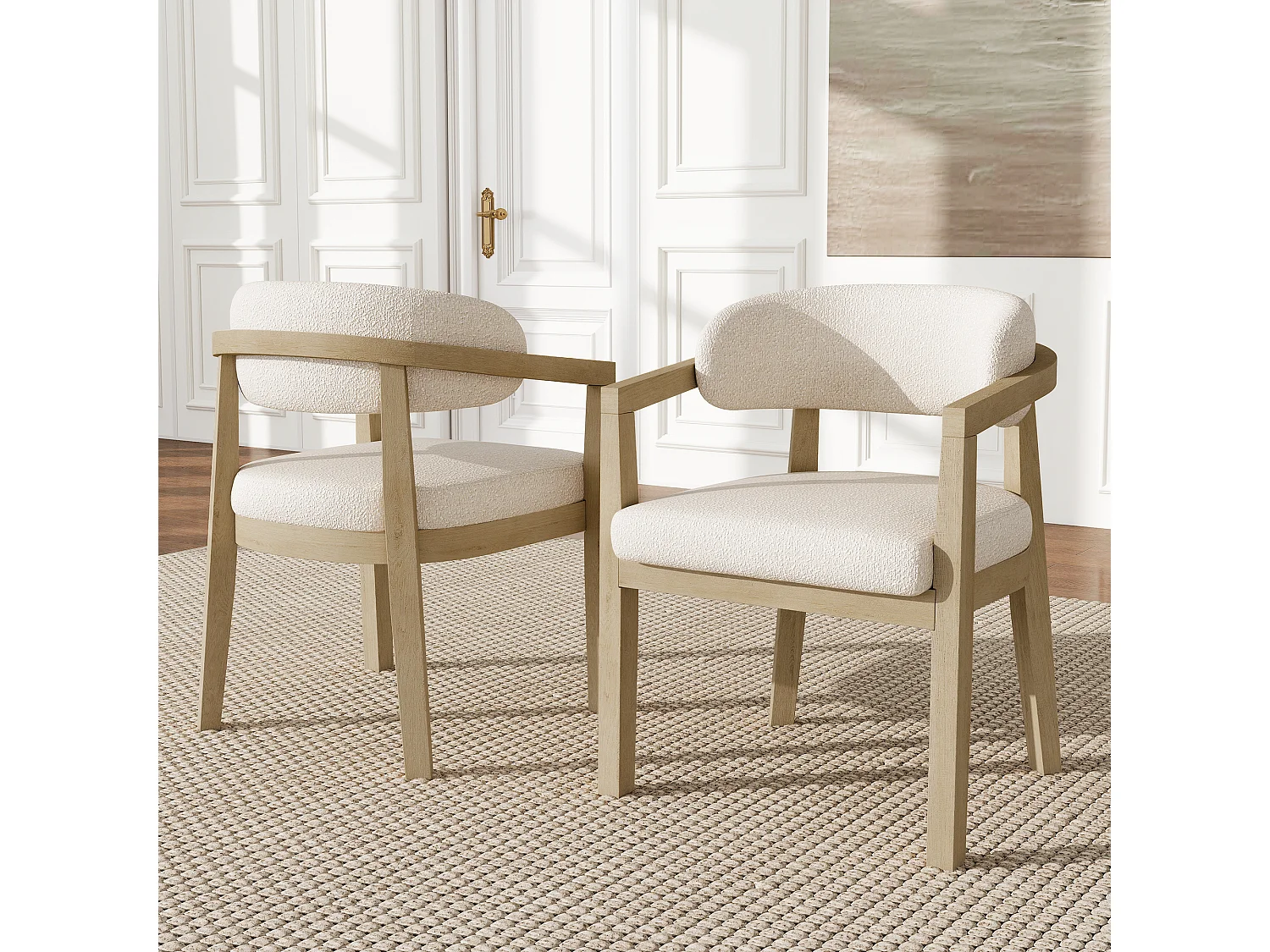 Set van 4 beige stoelen met boucléstof en armleuningen - Natuurlijk hout