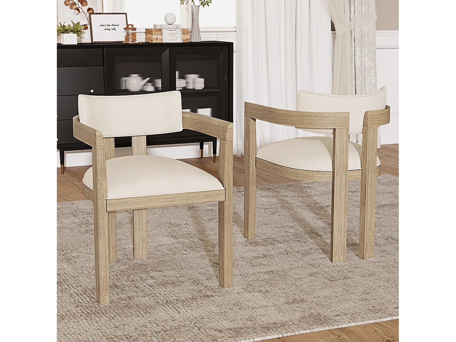 Set van 4 houten en linnen stoelen voor eetkamers, woonkamers en cafés - Licht naturel