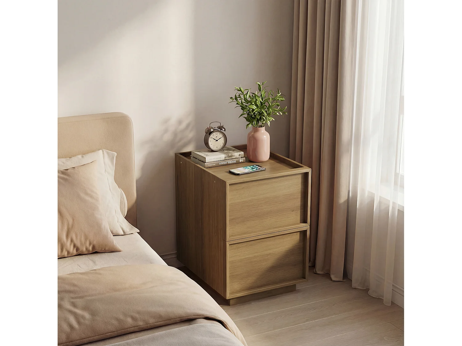 Table de chevet 38 x 48 x 54 cm avec 2 tiroirs - Sans poignée - Couleur bois