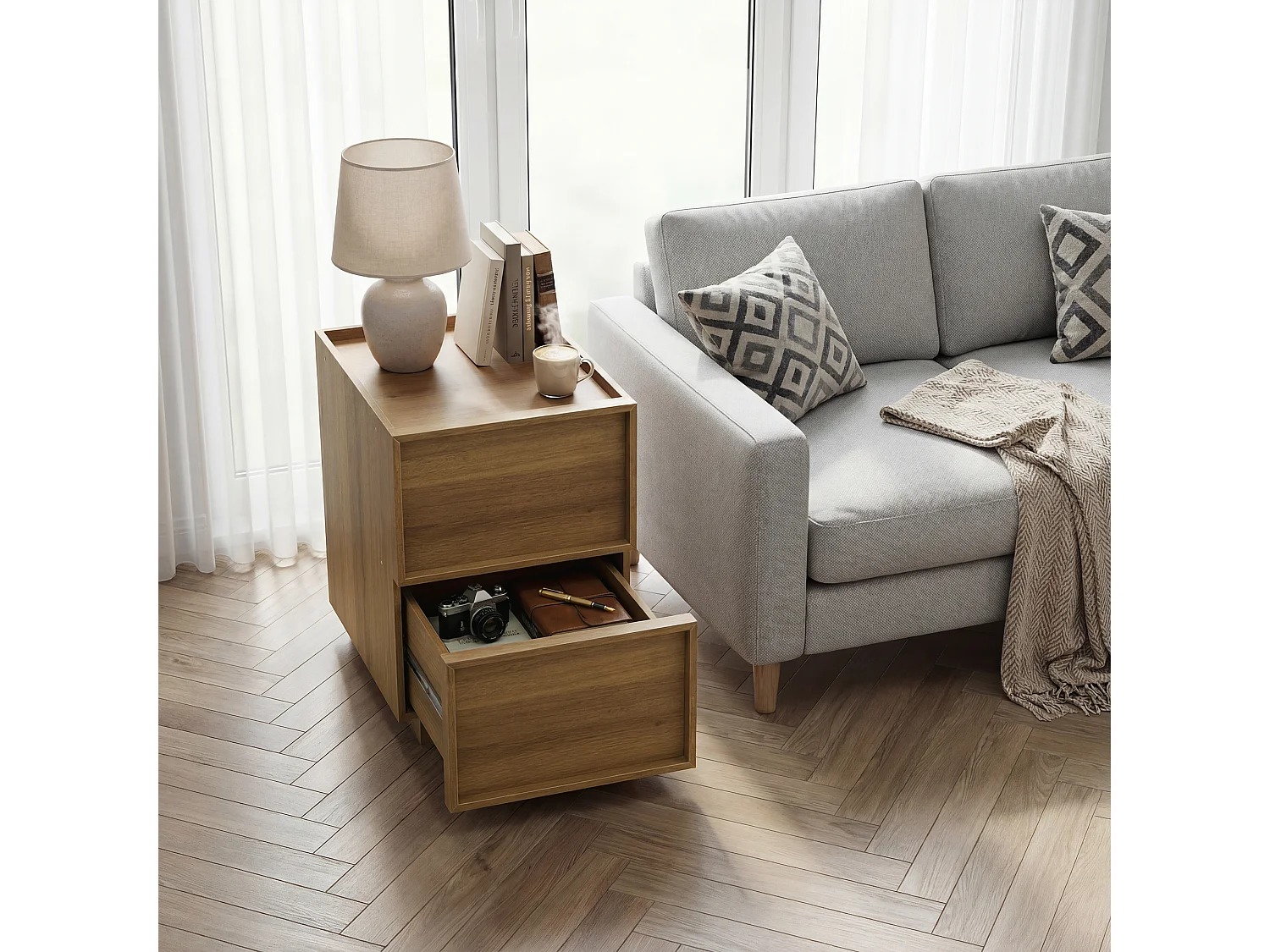 Table de chevet 38 x 48 x 54 cm avec 2 tiroirs - Sans poignée - Couleur bois