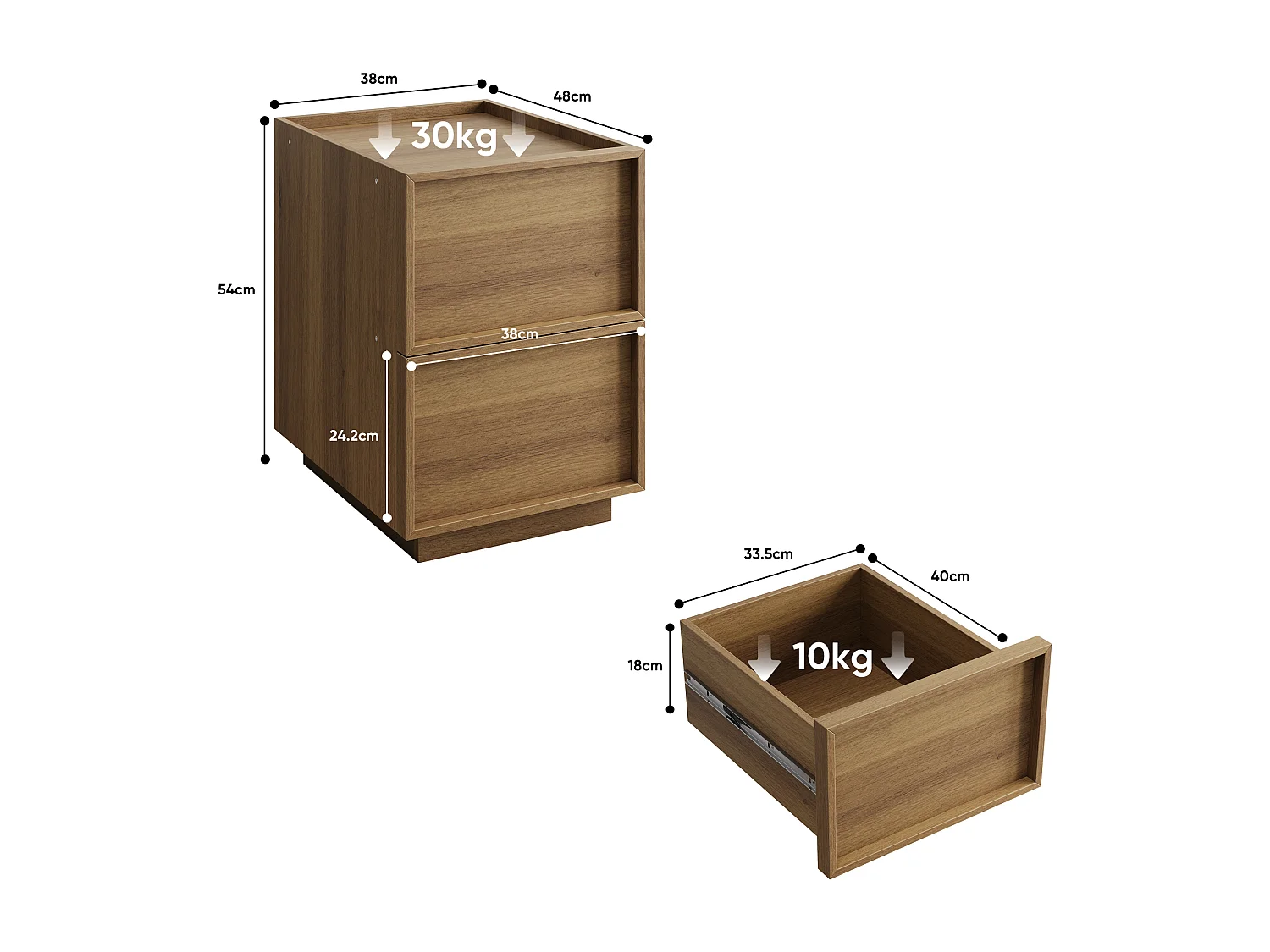 Table de chevet 38 x 48 x 54 cm avec 2 tiroirs - Sans poignée - Couleur bois