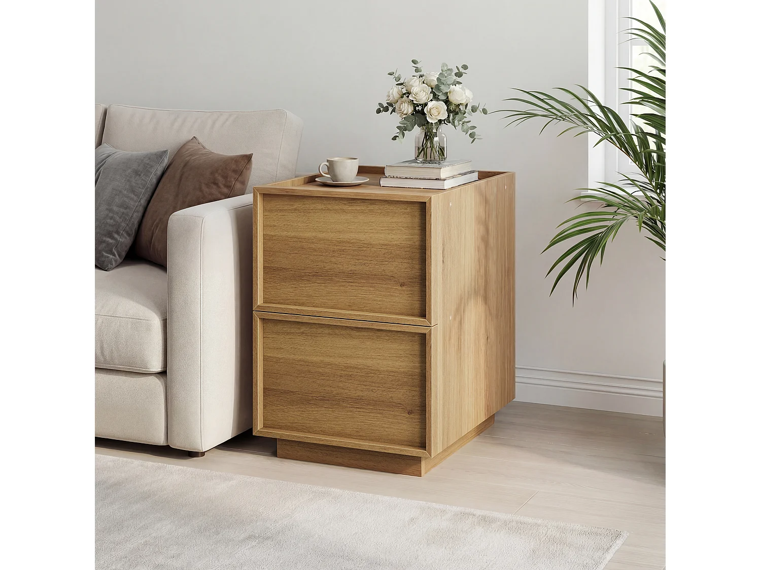 Table de chevet 38 x 48 x 54 cm avec 2 tiroirs - Sans poignée - Couleur bois