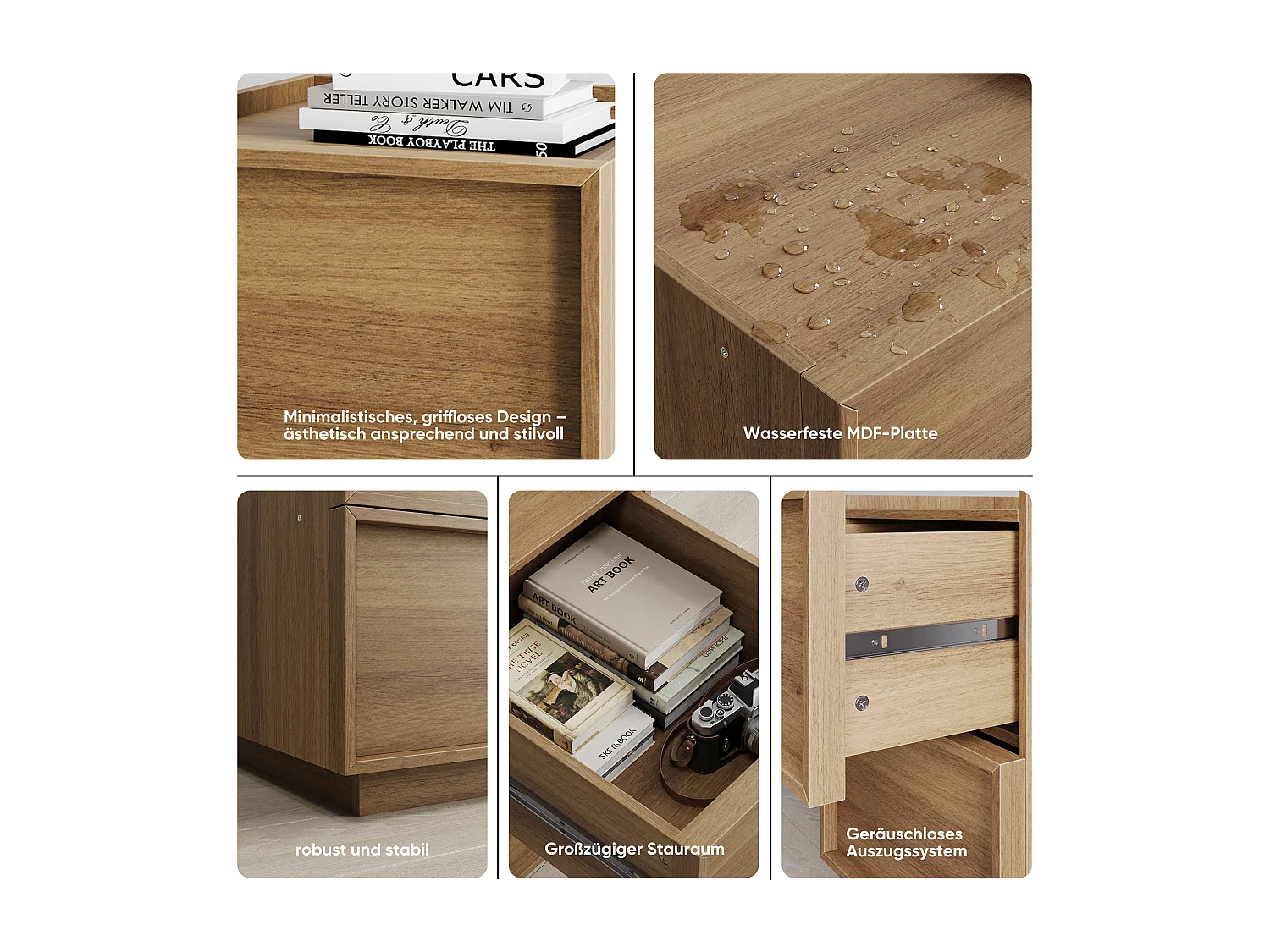 Table de chevet 38 x 48 x 54 cm avec 2 tiroirs - Sans poignée - Couleur bois