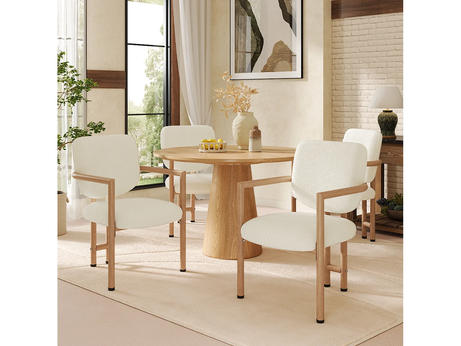 Set van 4 beige stoelen met bouclé stoffen bekleding - Metalen frame met houtlook