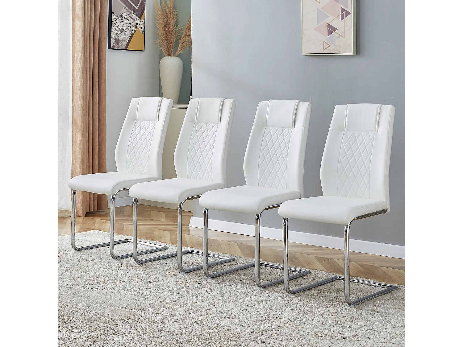 Lot de 4 chaises en simili cuir PU blanc - Pieds métal argenté antidérapants
