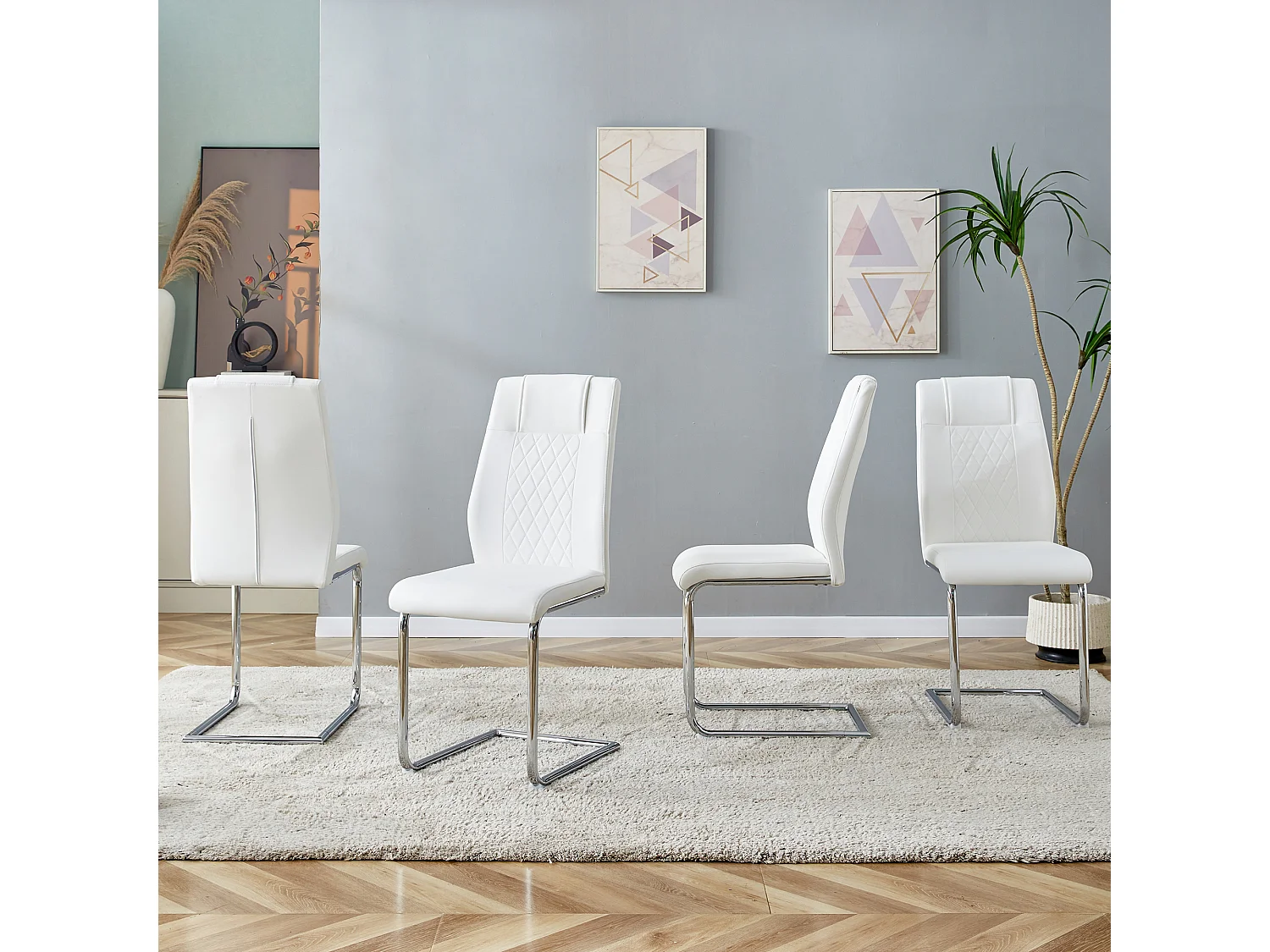 Lot de 4 chaises en simili cuir PU blanc - Pieds métal argenté antidérapants