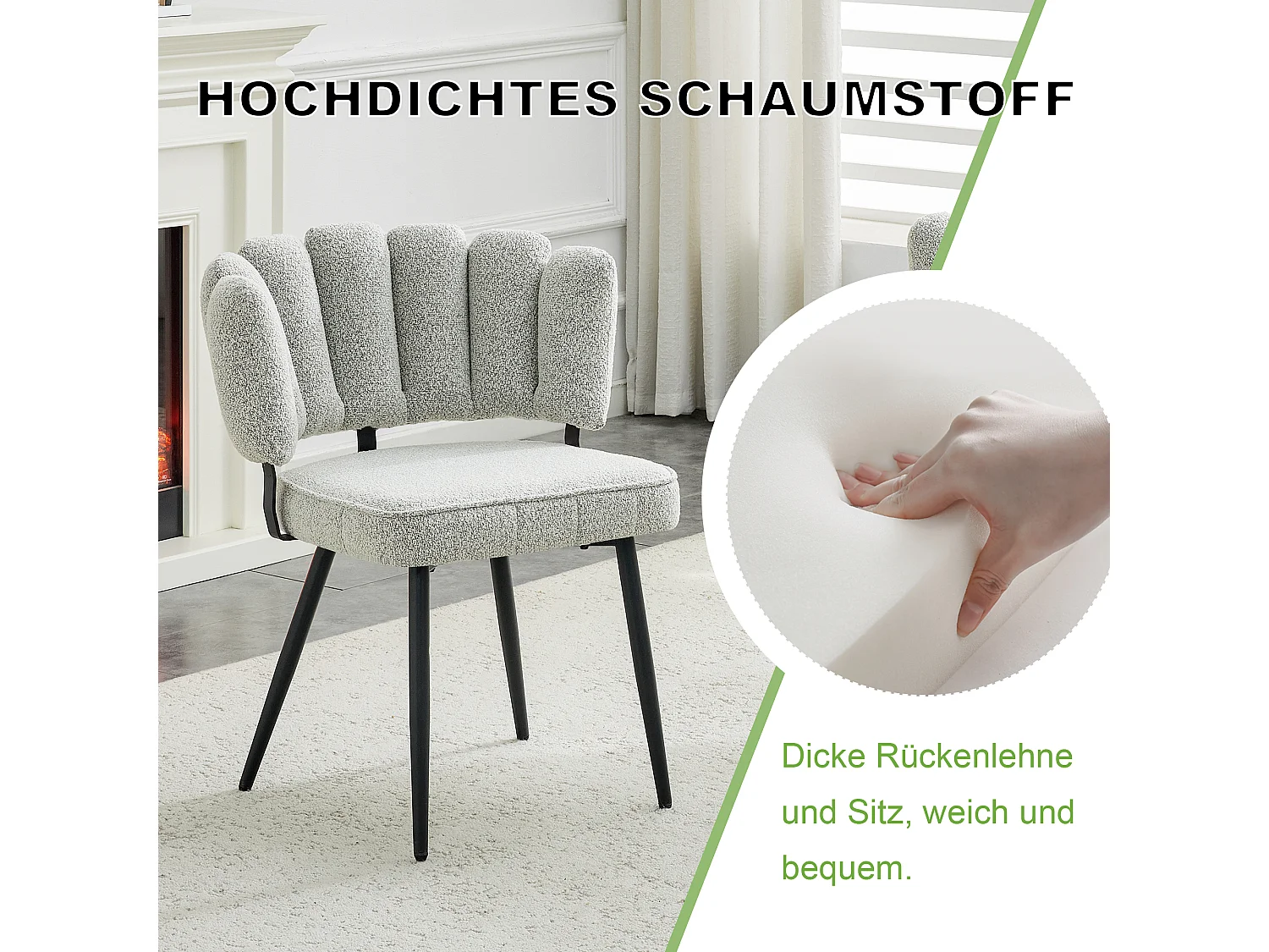 Lot de 2 chaises à dossier fleur en tissu bouclé gris clair et métal noir