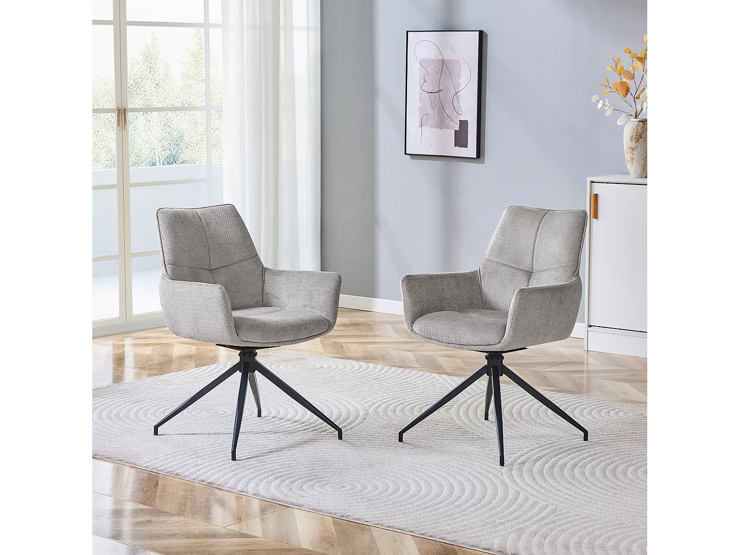 Lot de 2 de Chaises pivotantes à 360° - Tissu gris + pieds en métal noir