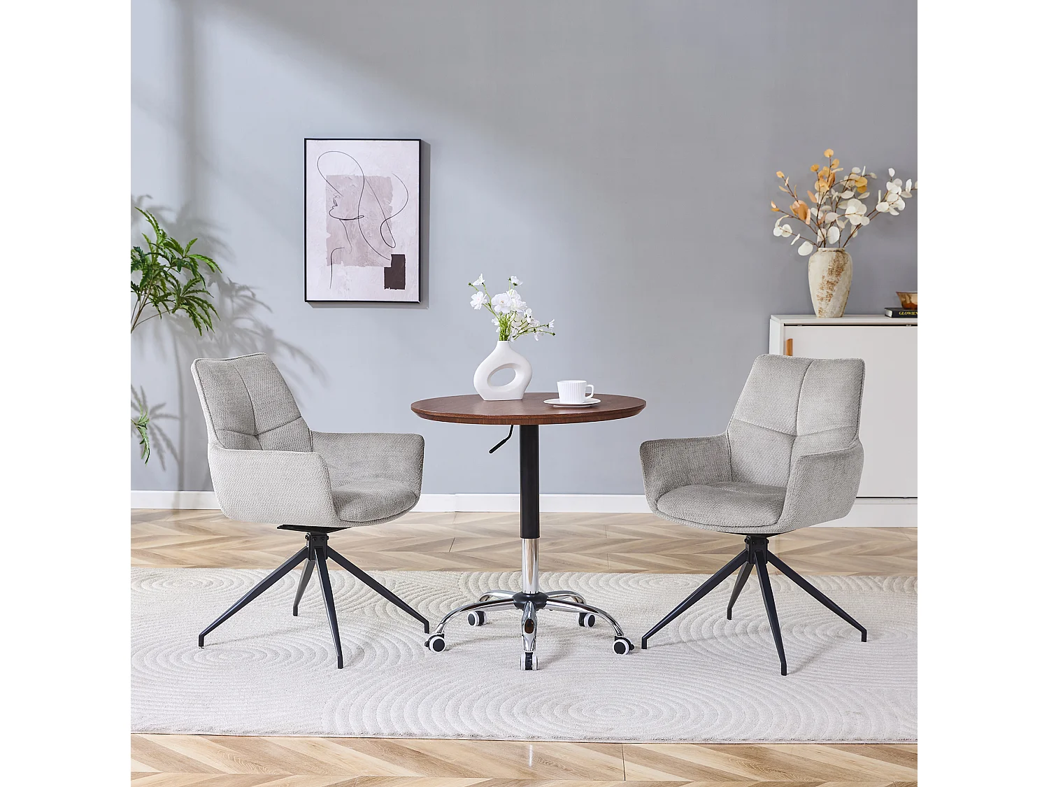 Lot de 2 de Chaises pivotantes à 360° - Tissu gris + pieds en métal noir