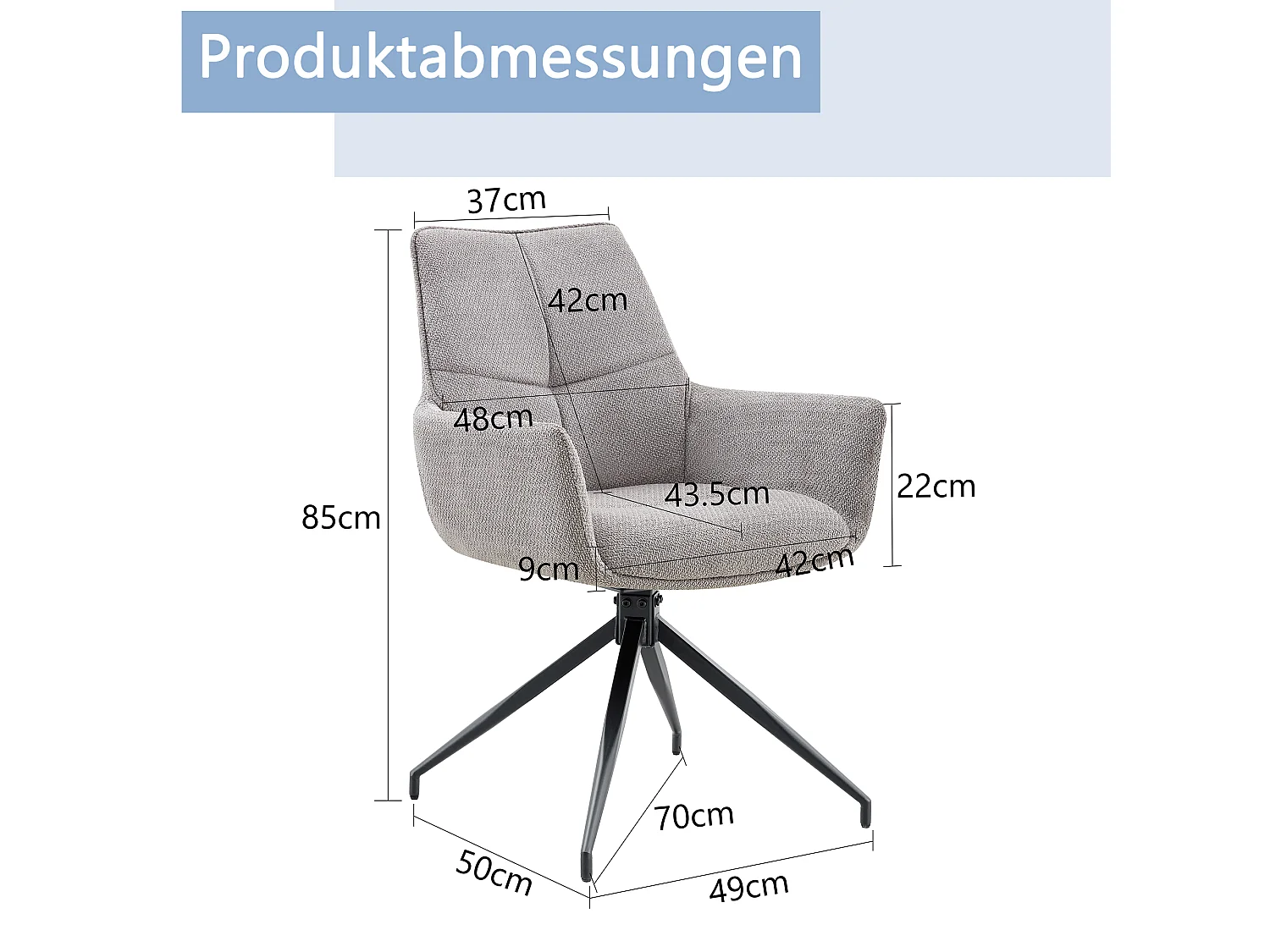 Lot de 2 de Chaises pivotantes à 360° - Tissu gris + pieds en métal noir
