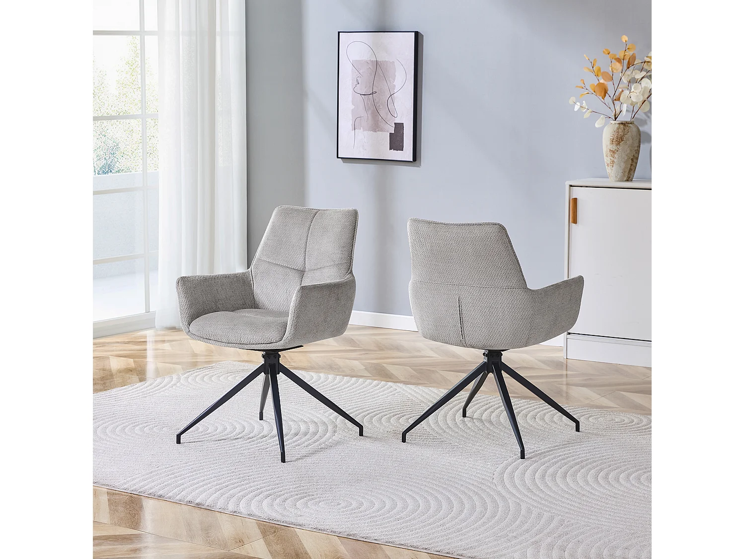 Lot de 2 de Chaises pivotantes à 360° - Tissu gris + pieds en métal noir