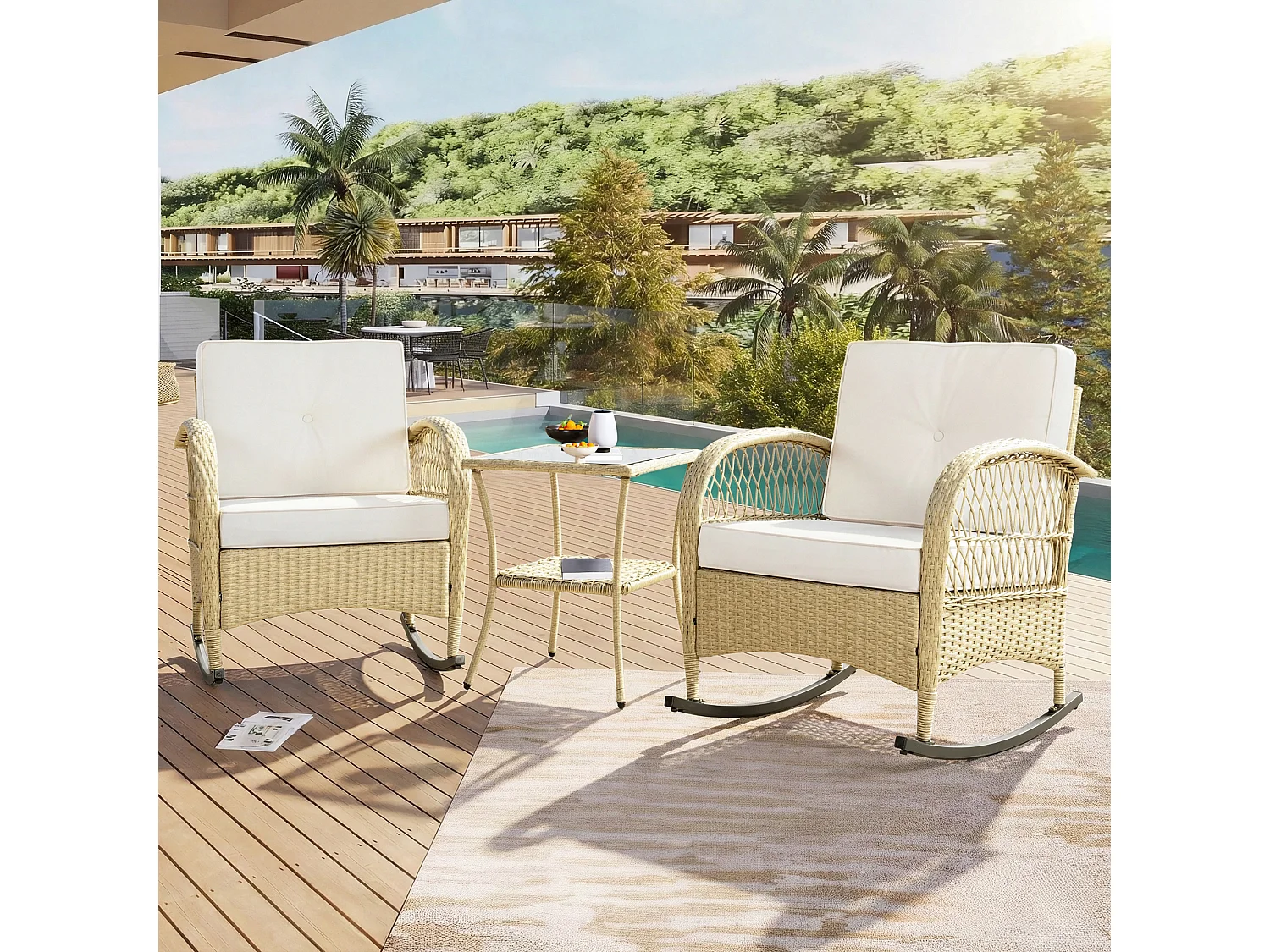Set da balcone in rattan da 3 pezzi - Cuscini beige